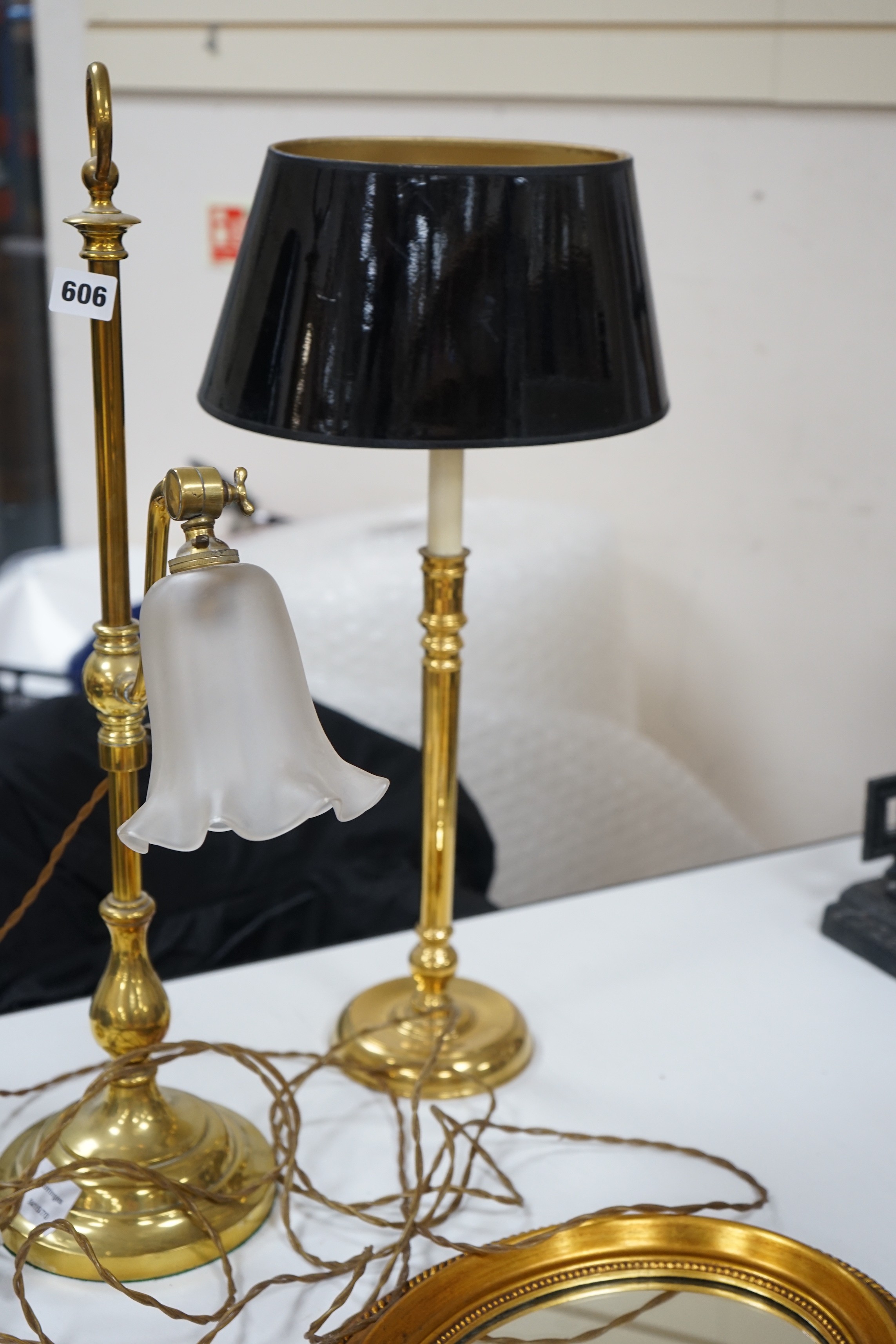 A pair of brass table lamps and another with glass shade (3)